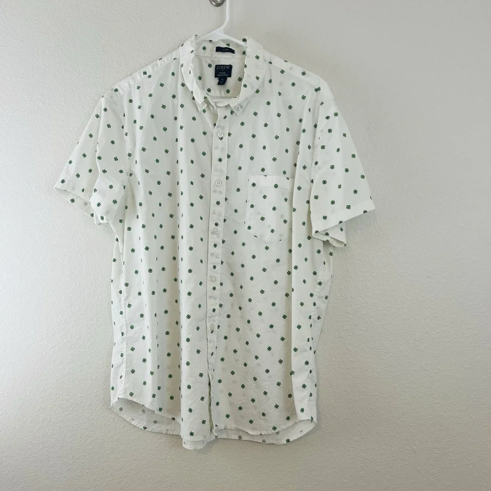 J.Crew Men's Slim Fit Flex Shirt White Shamrock Lucky Clover Embroidery Size XL